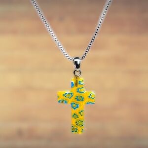 Indio Jewelry Millefiori Glass Cross Pendant Necklace Silver Box Chain #232